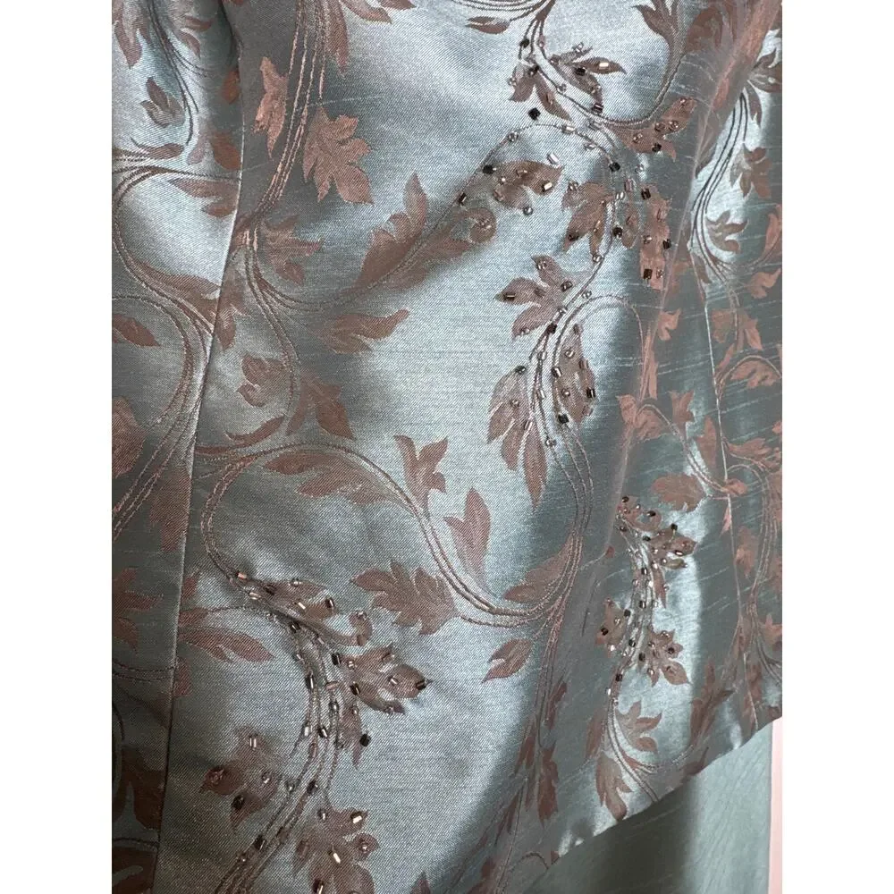 2000s R&M Richards seafoam brocade jacket & satin dress set size 18